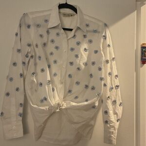 Men's White and Blue Floral Button Down Shirt